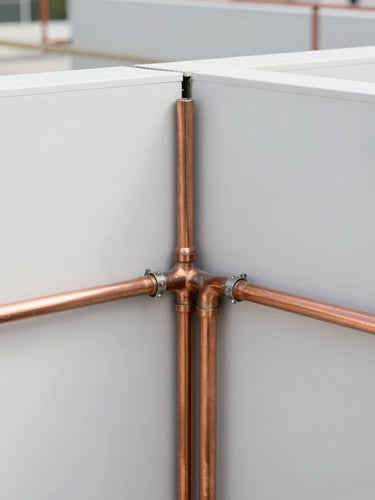 Close-up of clean architectural joint, neat copper plumbing and electrical conduits installed behind a commercial partition wall, bright daylight.