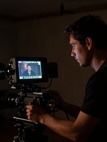 Dark cinematic film photography, dramatic low-key lighting, director looking at a high-end camera monitor on a moody set, anamorphic lens flares, rich color grading, 35mm