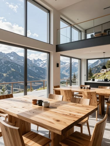 Bright architectural photography of a modern dining area in Bronte Haus, natural alpine daylight, warm larch wood tables, large windows with mountain views, clean and structured composition