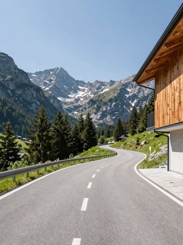 Wide panoramic shot of a modern asphalt mountain road winding through the valley of Virgen Osttirol, bright daylight, clear visibility, surrounding green pine forests and alpine peaks