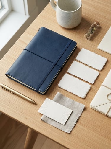 Overhead flat-lay of physical brand collateral, textured paper business cards, and a clean leather notebook on a bright wooden desk, natural window light, sharp focus