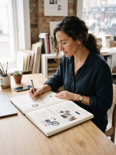 Crisp editorial portrait of a designer sketching brand concepts on a clean wooden desk, bright natural window light, sharp focus