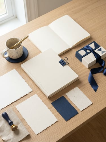 Overhead flat-lay of physical brand mockups, textured business cards, and a minimalist notebook on a clean wooden desk, bright natural window light.