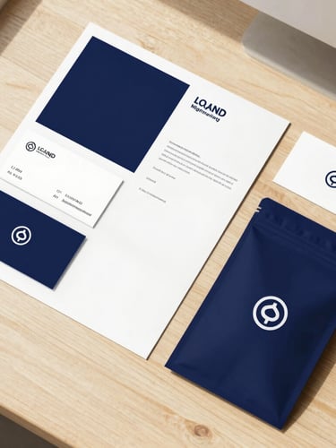 Overhead flat-lay of printed brand collateral, business cards, and packaging mockups on a light wooden desk, bright natural sunlight with crisp shadows