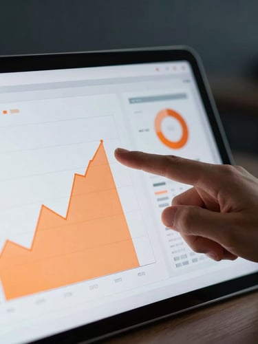 Close-up of a financial analyst pointing at a tablet screen displaying clean orange and gray charts, modern dark office background, sharp high-contrast lighting, 35mm