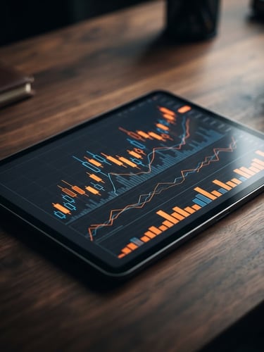 Close-up of a modern tablet displaying glowing financial charts and graphs on a dark wooden desk, sharp high-contrast lighting, deep charcoal and vibrant orange tones, professional editorial style, 35mm