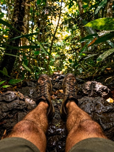 First-person perspective of hiking through a dense Costa Rican rainforest, rich dappled jungle sunlight filtering through leaves, wet volcanic rocks, warm editorial adventure photography, 35mm lens