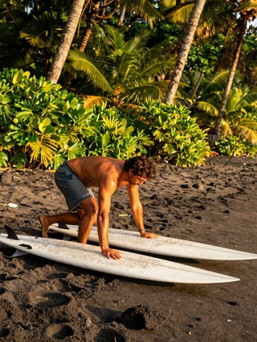 A local Costa Rican guide preparing surfboards on a dark volcanic sand beach, warm golden-hour beach tones, rich saturated greens and golden tones, 35mm lens, authentic action