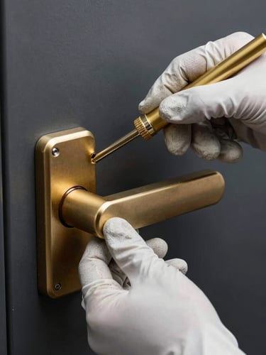 Close-up of a professional locksmith's hands, wearing clean gloves, meticulously working on an advanced car lock system, studio lighting, crisp focus, metallic gold tools.
