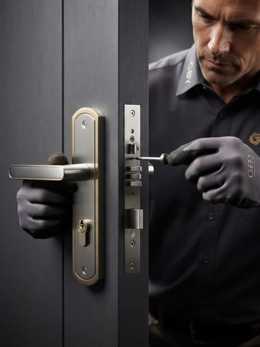 Professional locksmith in GBY uniform, installing a high-security lock on a modern door, studio lighting, crisp focus, metallic gold accents.