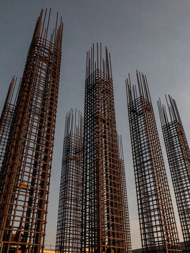 Dramatic low-angle shot of massive structural steel reinforcement cages at golden hour, dark overcast sky, heavy industrial scale, high contrast.