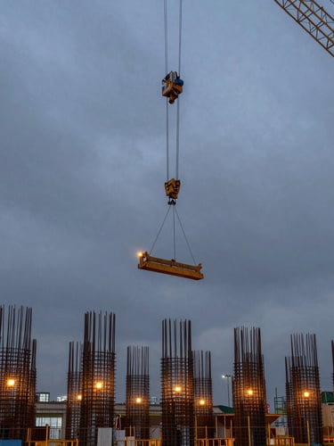 Wide panoramic environmental shot of a massive steel reinforcement cage being hoisted by a heavy crane at dusk, dark overcast sky, amber safety lights glowing.