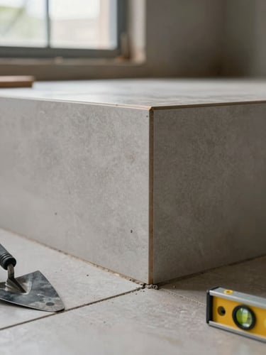 Close-up technical detail of a freshly tiled floor corner junction on a Cameroon jobsite, precise grout lines meeting at a perfect right angle, natural daylight from a nearby window, trowel and level visible at the edge of frame