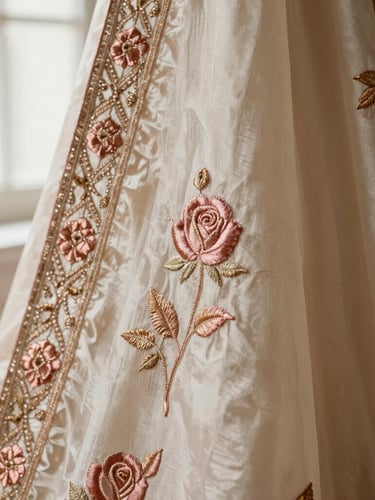 Close-up of rich champagne-colored hand-loomed silk bridal fabric with intricate rose gold embroidery, soft window light, shallow depth of field