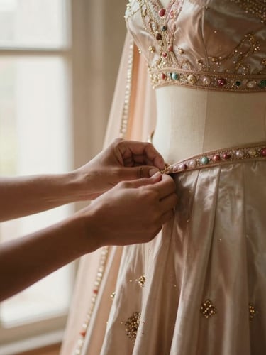 Close-up of a designer's hands adjusting a heavy champagne-colored silk bridal lehenga on a mannequin, warm directional window light, shallow depth of field, 35mm