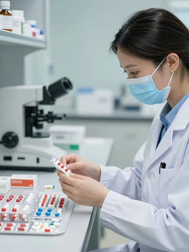 A professional pharmacist in a clean-room environment inspecting sorted medications under bright clinical lighting, sharp focus, 50mm lens