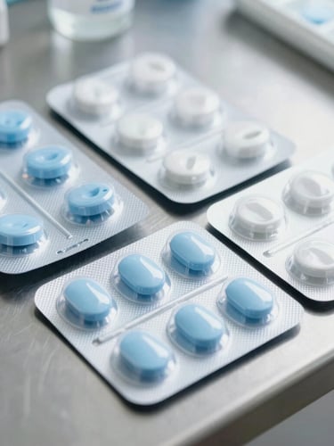 Crisp clinical photography of organized multi-dose blister packs on a clean stainless steel pharmacy table, bright natural daylight, soft blue and white tones, sharp focus