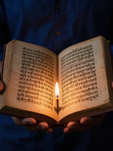 Hands holding an ancient Sanskrit manuscript under warm candlelight, rich golden-hour glow, low-key dramatic lighting, 35mm