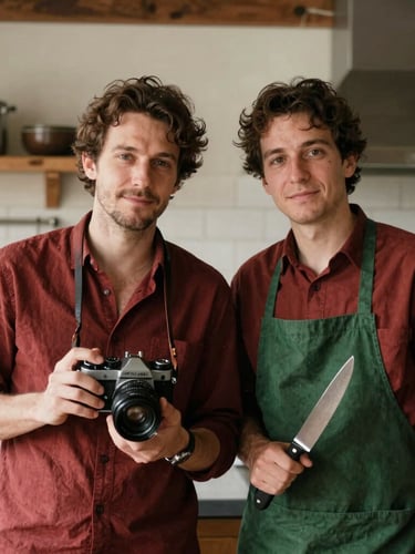 A warm, editorial portrait of two founders, one holding a vintage camera, the other a chef's knife, in a softly lit, rustic kitchen. Soft natural daylight, rich crimson and forest green tones, shallow depth of field.