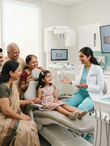 Professional Indian dentist smiling, interacting with a multi-generational Indian family in a modern, bright clinic, advanced digital dental equipment visible in background, soft high-key daylight, clean white and aqua tones, editorial.