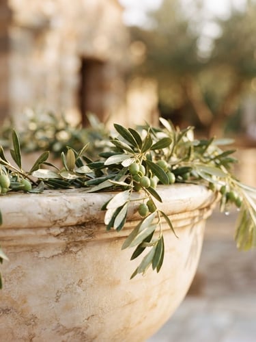 Close-up of fresh silver-green olive branches draped over a warm white marble font, soft golden hour sunlight, 35mm editorial photography.