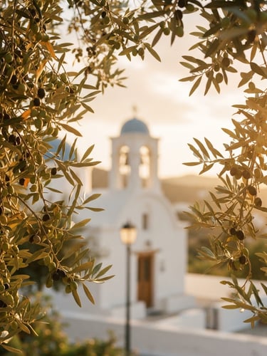 Close-up of olive branches framing a soft-focus whitewashed Greek church exterior under warm Mediterranean golden hour light, 35mm photography