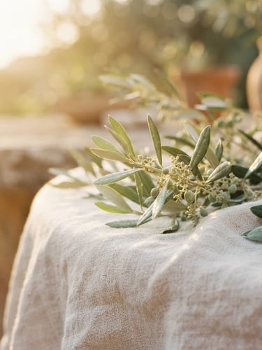 Warm editorial close-up of delicate olive branches and white linen under golden-hour Mediterranean light, soft focus, 35mm