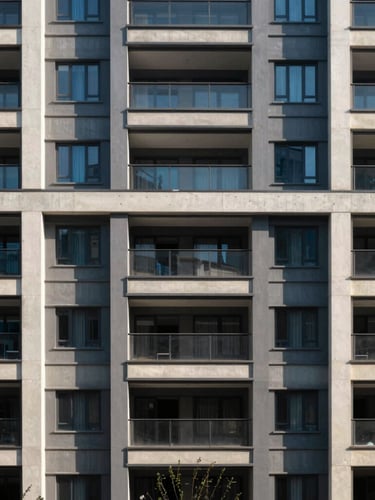 Symmetrical architectural shot of a modern high-end residential facade, concrete textures, warm natural daylight casting sharp diagonal shadows, 35mm