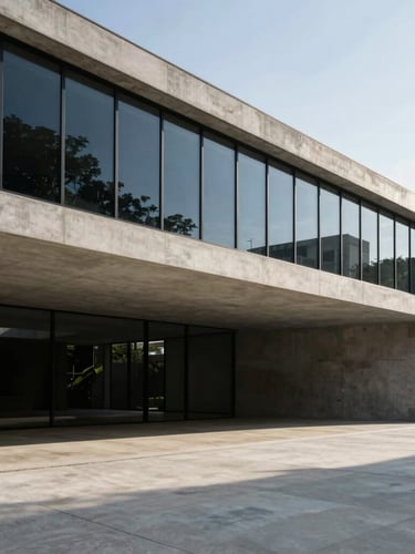 Wide architectural shot of a modern concrete and glass pavilion in São Paulo, sharp geometric shadows, soft natural daylight, minimalist luxury, 35mm.