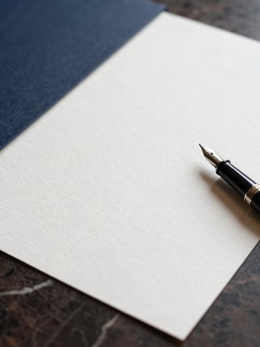 Close-up of premium textures, fine cotton paper with a fountain pen resting on a dark marble table, soft side lighting, elegant and minimal.