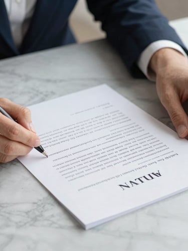 Close-up of hands signing a premium textured document on a heavy marble table, soft side light, focus on the paper texture and clean minimalist desk setup.