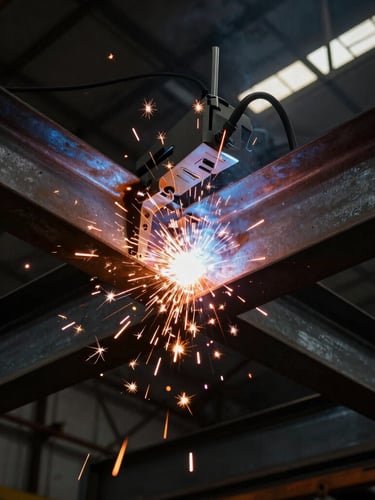 Low-angle dramatic shot of structural steel beams in a dark fabrication workshop, bright orange welding sparks flying from an active arc welder, deep industrial shadows, raw metal textures.
