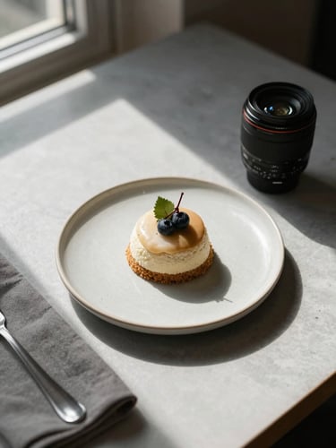 A close-up, overhead tablescape of a Scandinavian-style restaurant table. Diffused morning light from a window casts soft, deep shadows across a single ceramic plate with a minimal dessert, a linen napkin, and a camera lens resting nearby.