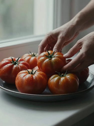 A portrait crop of hands arranging organic heirloom tomatoes on a dark ceramic platter, natural diffused window light, deep moody shadows, Scandinavian aesthetic.
