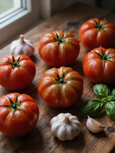 Overhead tablescape of raw heirloom tomatoes, garlic bulbs, and fresh basil on a rustic wooden surface, natural diffused north-facing window light with deep moody shadows.
