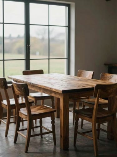 A rustic but refined wooden dining table set for service next to a large window, soft overcast daylight, empty chairs waiting for guests