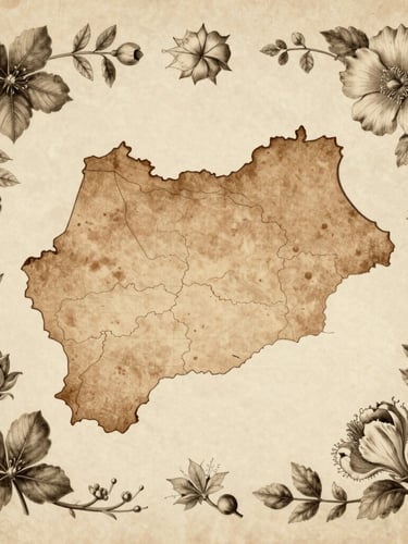 Historical map style illustration of southwestern Morocco, vintage botanical borders, muted sepia and khaki tones, aged parchment texture.