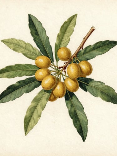 Detailed antique botanical illustration of Argania spinosa branches with golden fruits and green leaves, flat-lay on aged cream paper, scientific plate style