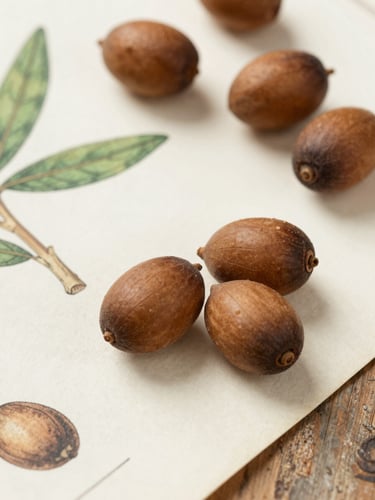 Macro photograph of dried argan fruits and hard brown kernels on a rustic wooden surface, soft natural overcast lighting, scientific archive style