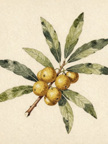 Detailed ink and watercolor botanical illustration of Argania spinosa branch with leaves and golden fruits, vintage herbarium plate style, muted natural tones, aged cream paper background with soft texture