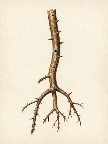 Detailed vintage botanical illustration of Argania spinosa root system and thorny branches, ink and watercolor herbarium style, muted tones, aged paper background.