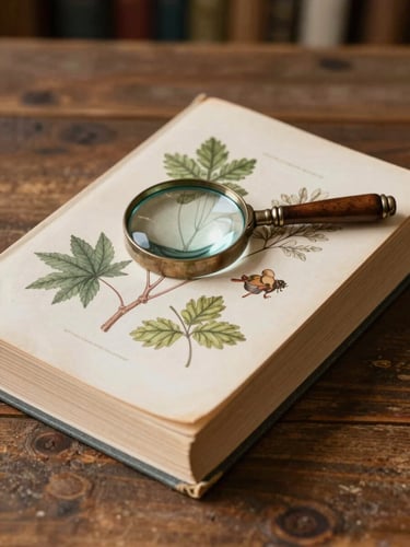 A scholarly book stack on an old wooden table, a vintage magnifying glass resting on an open page with botanical drawings, warm soft library lighting