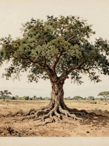 An ancient argan tree with deep roots spreading into dry sandy soil, wide horizon, soft overcast daylight, vintage photographic document style