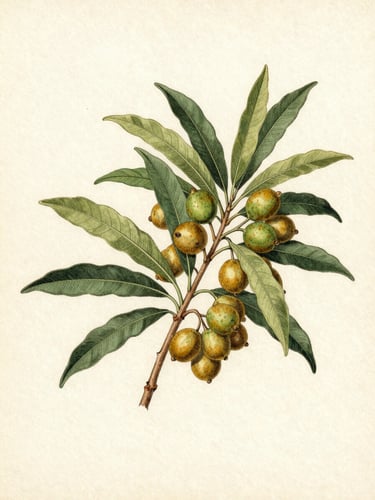 Vintage botanical illustration of Argania spinosa branches with leaves and green-gold fruits, detailed ink and watercolor herbarium plate, muted natural tones, aged cream paper texture, centered composition.