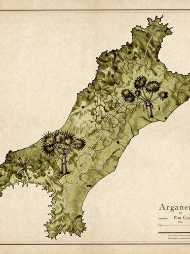 Historical map of southwestern Morocco showing the arganeraie distribution, vintage archival document style, sepia and olive tones, aged paper texture.