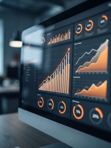 Macro shot of a high-contrast data dashboard screen displaying upward trend graphs and key performance indicators, cool office tones, sharp focus, 35mm lens.