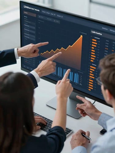Professional, unposed strategy session around a modern data dashboard showing upward trends, focusing on hands pointing at specific metrics, high-contrast cool daylight, deep slate and sharp orange accents, sharp focus, 35mm lens.