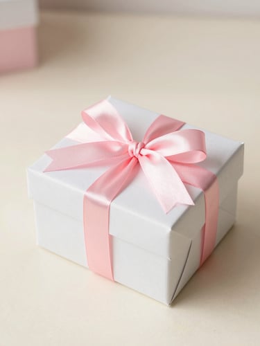 Bright editorial photography, soft natural daylight, a closed white gift box wrapped in an elegant pink ribbon sitting on a cream surface, shallow depth of field.