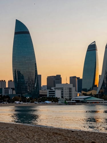 Wide environmental view of Baku's evolving skyline at sunset, golden hour light reflecting off the Caspian Sea and modern glass towers, editorial architectural photography