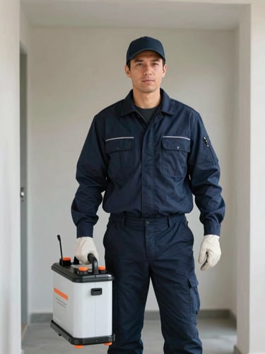 Portrait of a confident, uniformed pest control technician, mid-action, holding professional equipment, in a well-lit residential crawlspace, high contrast, sharp focus, 35mm
